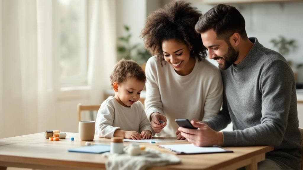 Happy family using care tracking app